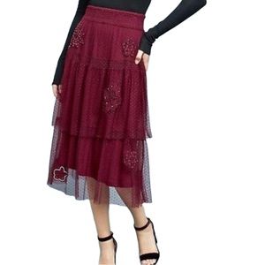 SOLD-Anthropologie Akemi + Kin Wine Tulle Tiered Lace Appliqué Skirt, Size Me…